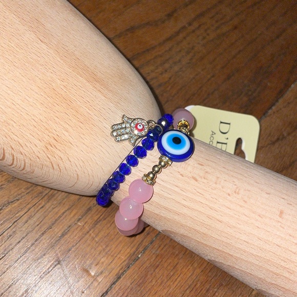 •D'BELLO•NWT PINK & BLUE BUNDLE OF 2- BOHO STACK HAMAS EVIL EYE BEADED BRACELETS - Picture 3 of 9
